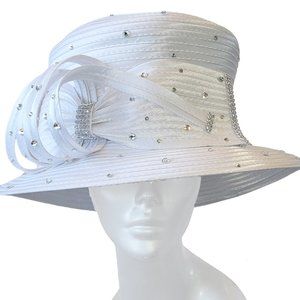 Designer couture satin ribbon hat with crystal rhinestones for church White